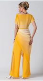 Woman wearing luminous ombre yellow Overall Tina with flowing layered fabric and belted waist, back view.