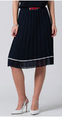 Navy blue pleated midi skirt with white accent, stretch waistband with decorative buckle, lightweight and lined for comfort.