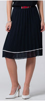 Navy blue pleated midi skirt with white accent, stretch waistband with decorative buckle, lightweight and lined for comfort.