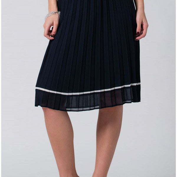 Navy blue pleated midi skirt with white accent, stretch waistband with decorative buckle, lightweight and lined for comfort.