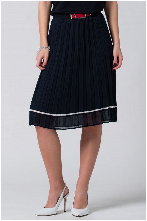 Navy blue pleated midi skirt with white accent, stretch waistband with decorative buckle, lightweight and lined for comfort.