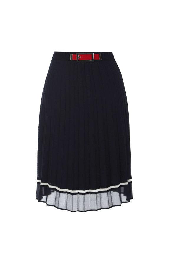 Navy blue pleated midi skirt with white trim and stretch waistband featuring a red decorative buckle, lightweight fabric.