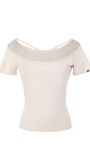 Beige t-shirt with unique neckline design on a white background