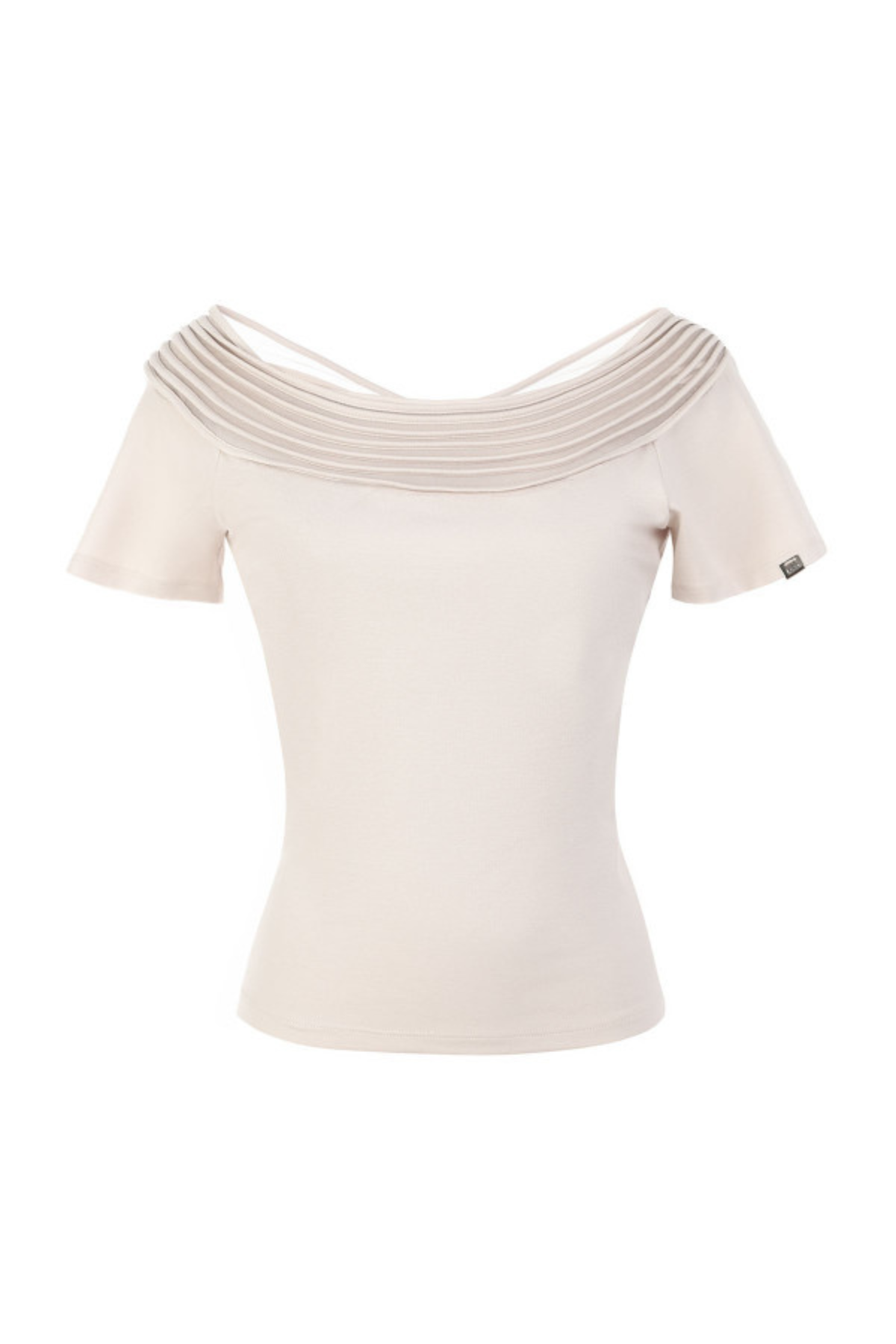 Beige t-shirt with unique neckline design on a white background