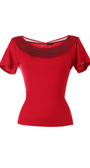 Red top with a unique neckline design on a white background