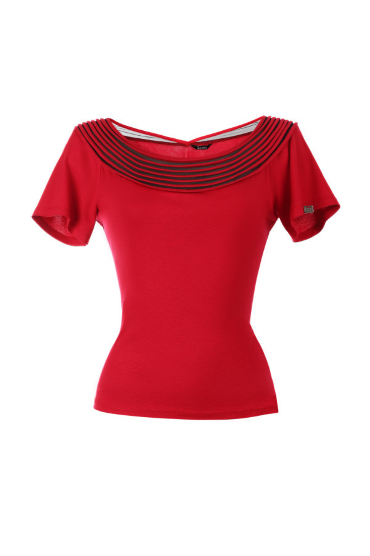 Red top with a unique neckline design on a white background