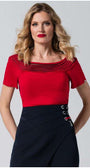 Woman in red office elegant blouse Lola Top with pleated neckline and short sleeves paired with a navy skirt.