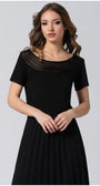 Black Lola business Top with pleated neckline and short sleeves on female model