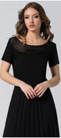 Black Lola business Top with pleated neckline and short sleeves on female model