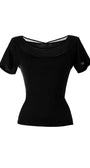 Black Lola business Top with pleated neckline and short sleeves, fitted silhouette in viscose blend fabric