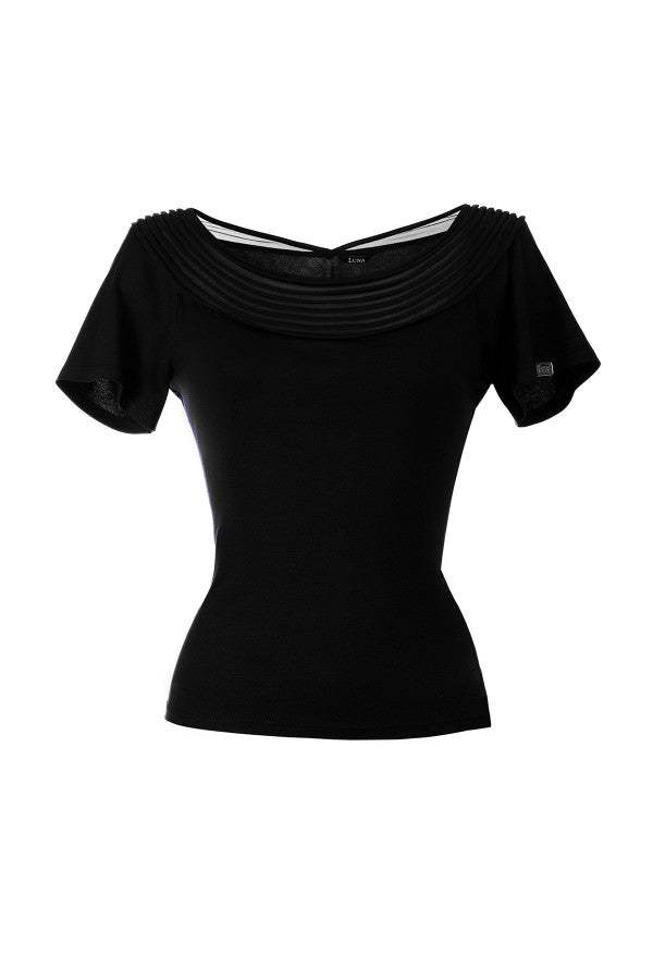 Black Lola business Top with pleated neckline and short sleeves, fitted silhouette in viscose blend fabric