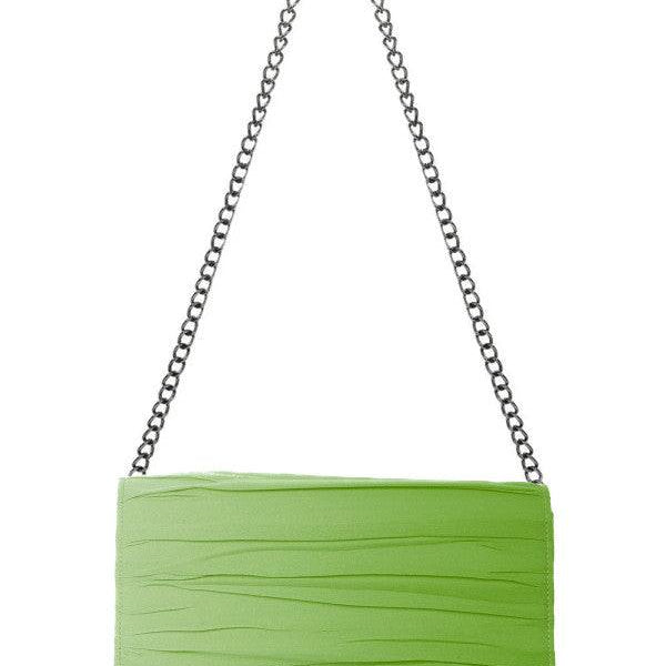 Vibrant green evening clutch bag with textured folds and removable chain strap for versatile, elegant styling.