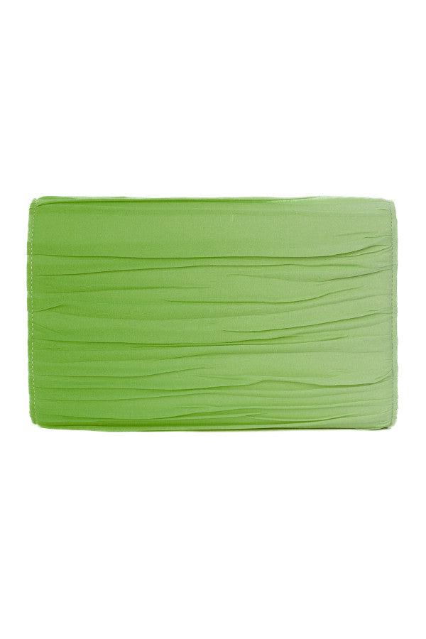 Vibrant green evening clutch bag with textured folds, sleek rectangular design, perfect for elegant and modern outfits.