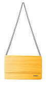 Ombre yellow evening clutch bag with textured folds and a silver chain strap, elegant envelope design for versatile wear.
