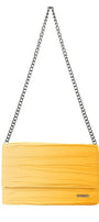Ombre yellow evening clutch bag with textured folds and a silver chain strap, elegant envelope design for versatile wear.