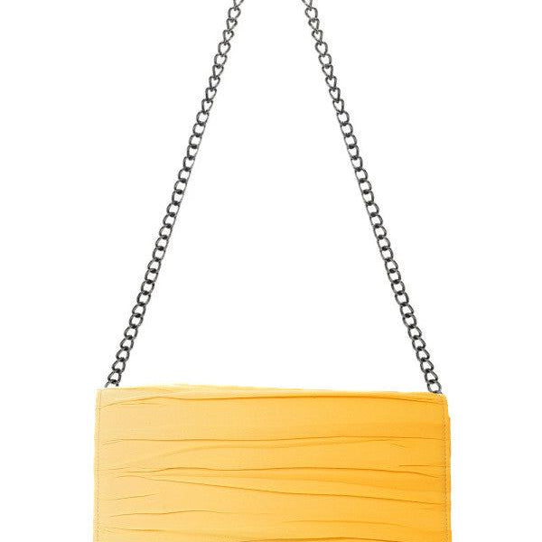 Ombre yellow evening clutch bag with textured folds and a silver chain strap, elegant envelope design for versatile wear.