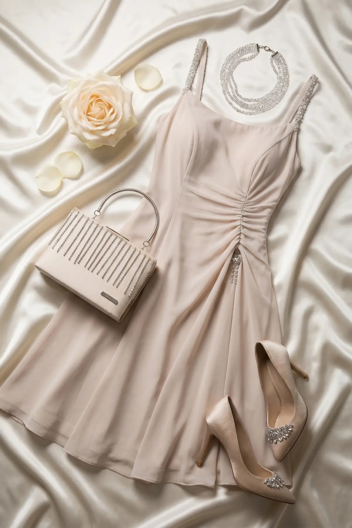 Lesli Short Dress styled on ivory satin with crystal handbag, crystal necklace, beige pumps, and cream rose