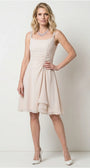 Lesli Short Dress in beige, model front view, crystal-embellished straps and side-gathered ruching with crystal drop