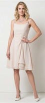 Lesli Short Dress in beige, model front view, crystal-embellished straps and side-gathered ruching with crystal drop
