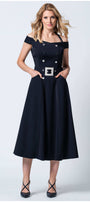 Navy off-shoulder midi dress with sleeveless construction, Greta by Luna Fashion House