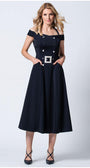 Woman wearing navy off-shoulder elegant midi dress with buttons and pockets against a white background