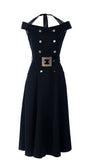 Off-shoulder navy midi dress with fitted bodice, Greta Luna Fashion House