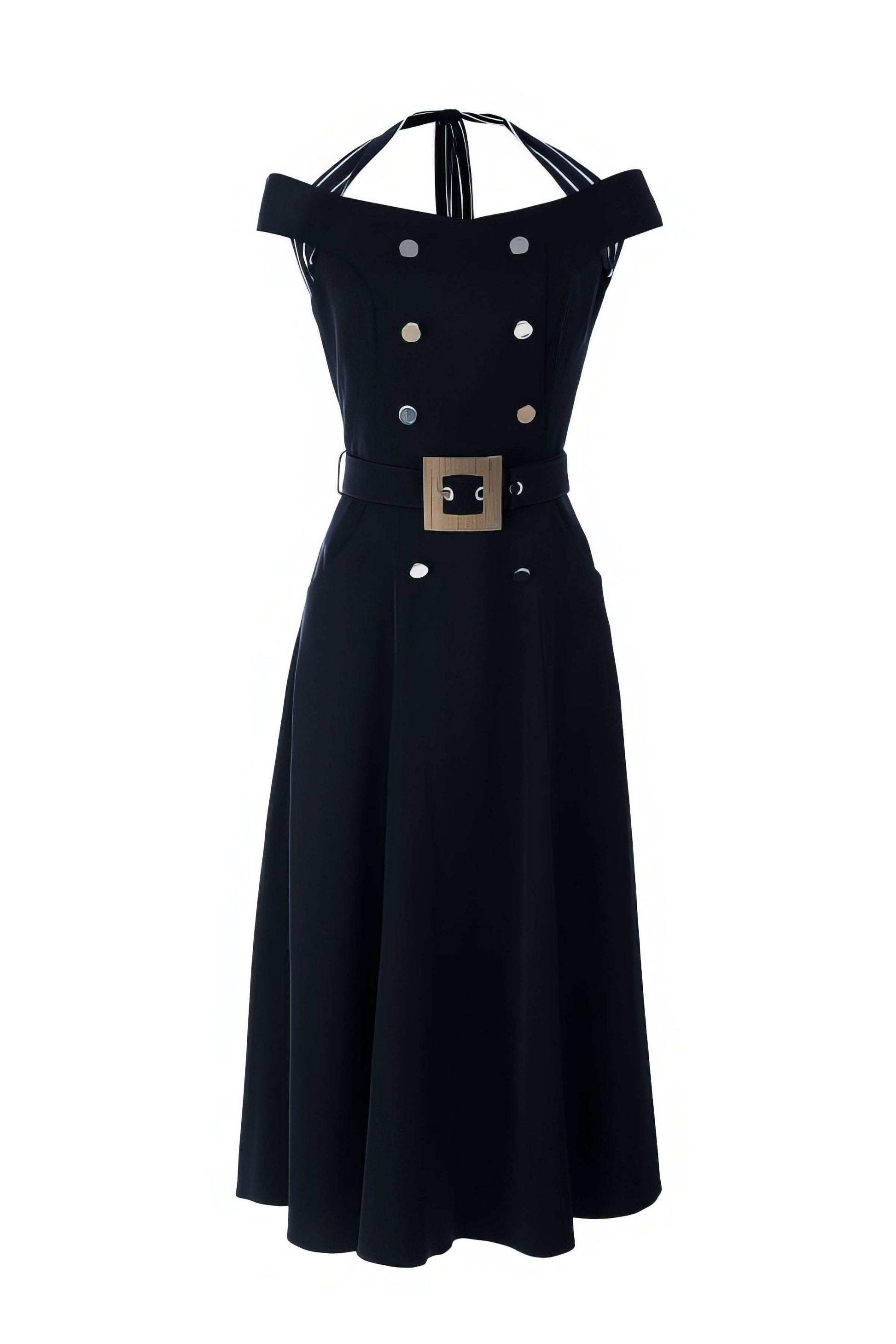 Off-shoulder navy midi dress with fitted bodice, Greta Luna Fashion House
