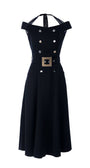 Navy off-shoulder belted off-shoulder elegant midi dress with double-breasted buttons and elegant silhouette on white background