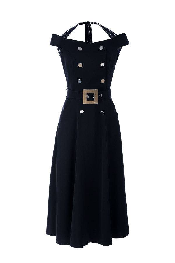 Navy off-shoulder belted off-shoulder elegant midi dress with double-breasted buttons and elegant silhouette on white background