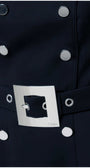 Close-up of silver buckle and buttons on Greta Off-Shoulder Dress in Navy by Luna Fashion House