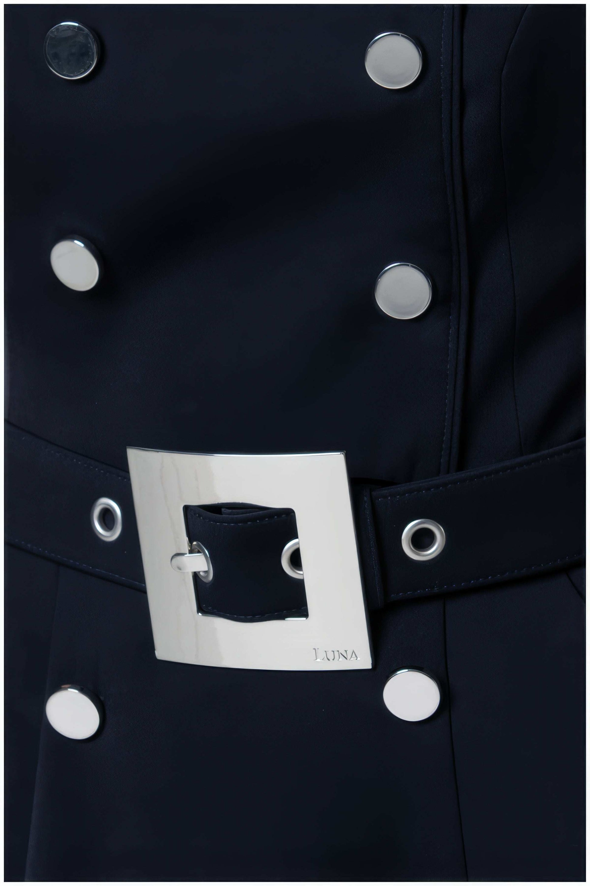 Close-up of silver buckle and buttons on Greta Off-Shoulder Dress in Navy by Luna Fashion House