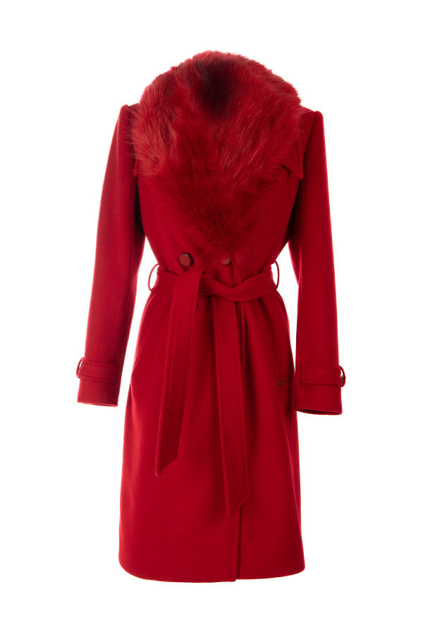 Red coat with fur hood on a white background  Luna Fashion House design