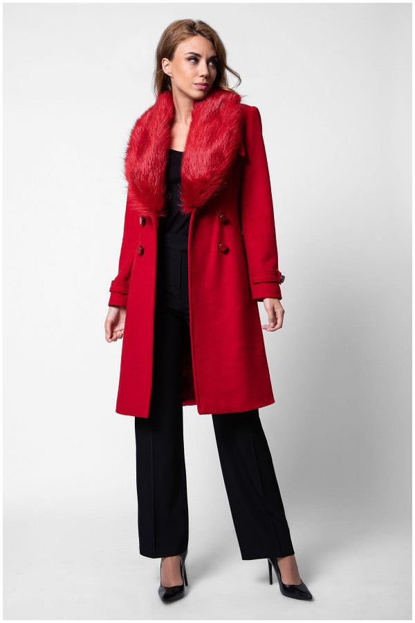 Woman wearing a red coat with fur collar on a white background  Luna Fashion House design