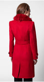 Red coat with fur collar worn by a person on a white background  Luna Fashion House design