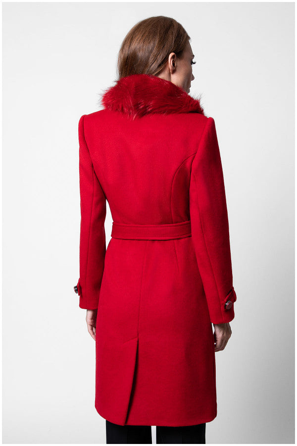 Red coat with fur collar worn by a person on a white background  Luna Fashion House design