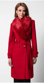 Woman wearing a red coat with fur collar on a white background Luna Fashion House design
