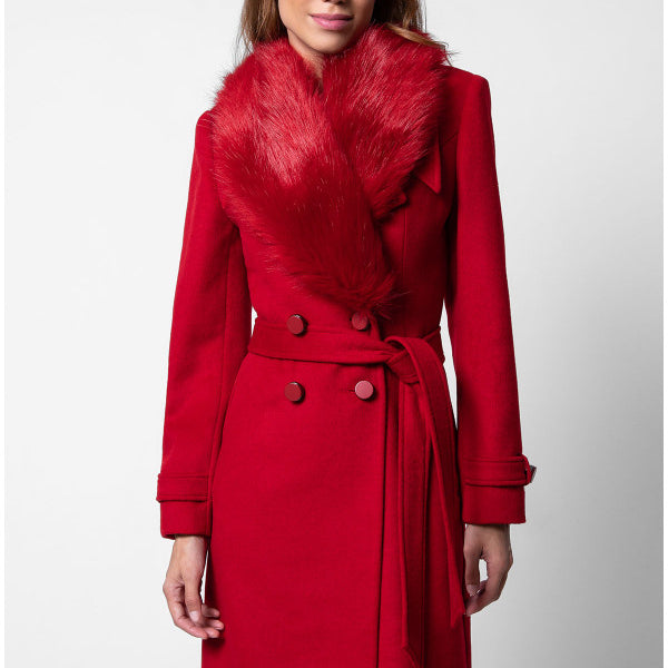 Woman wearing a red coat with fur collar on a white background Luna Fashion House design