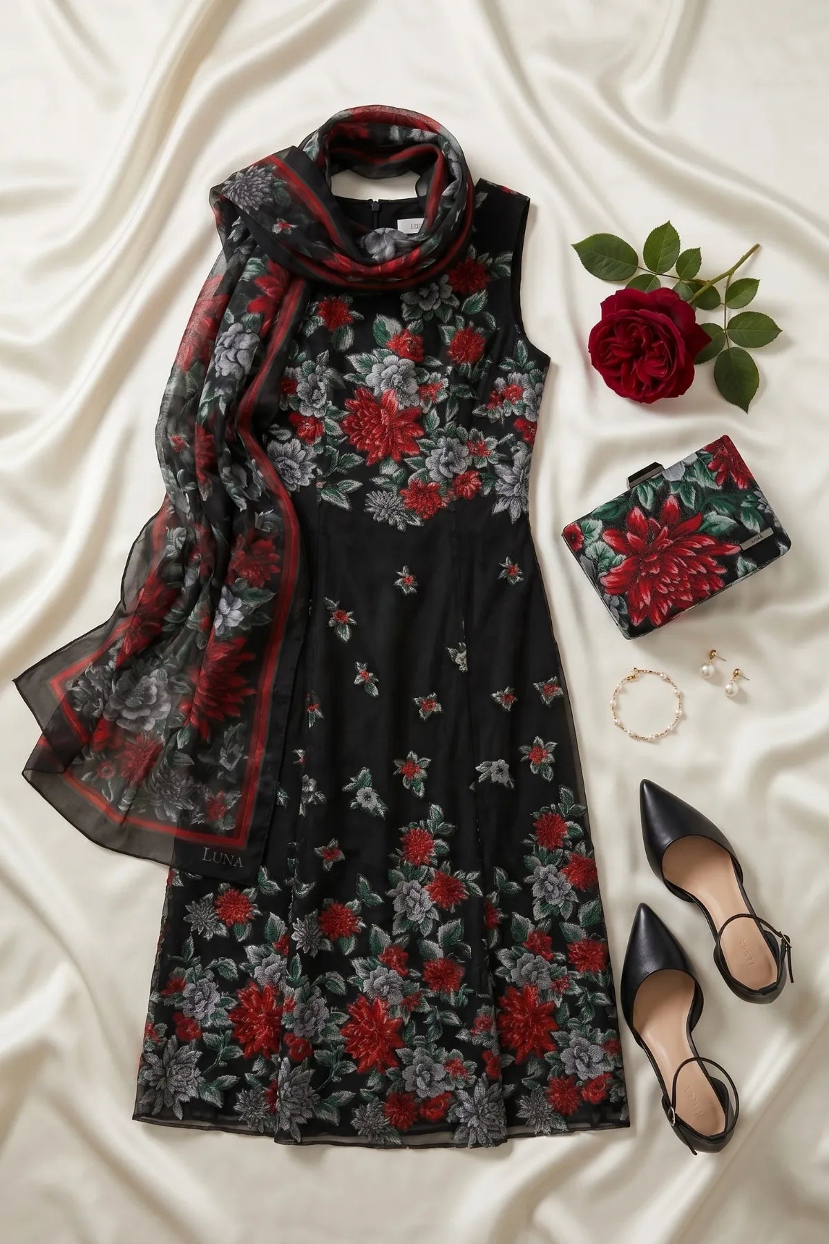 Regina floral clutch styled with a black floral midi dress, matching scarf, black shoes, and pearls.