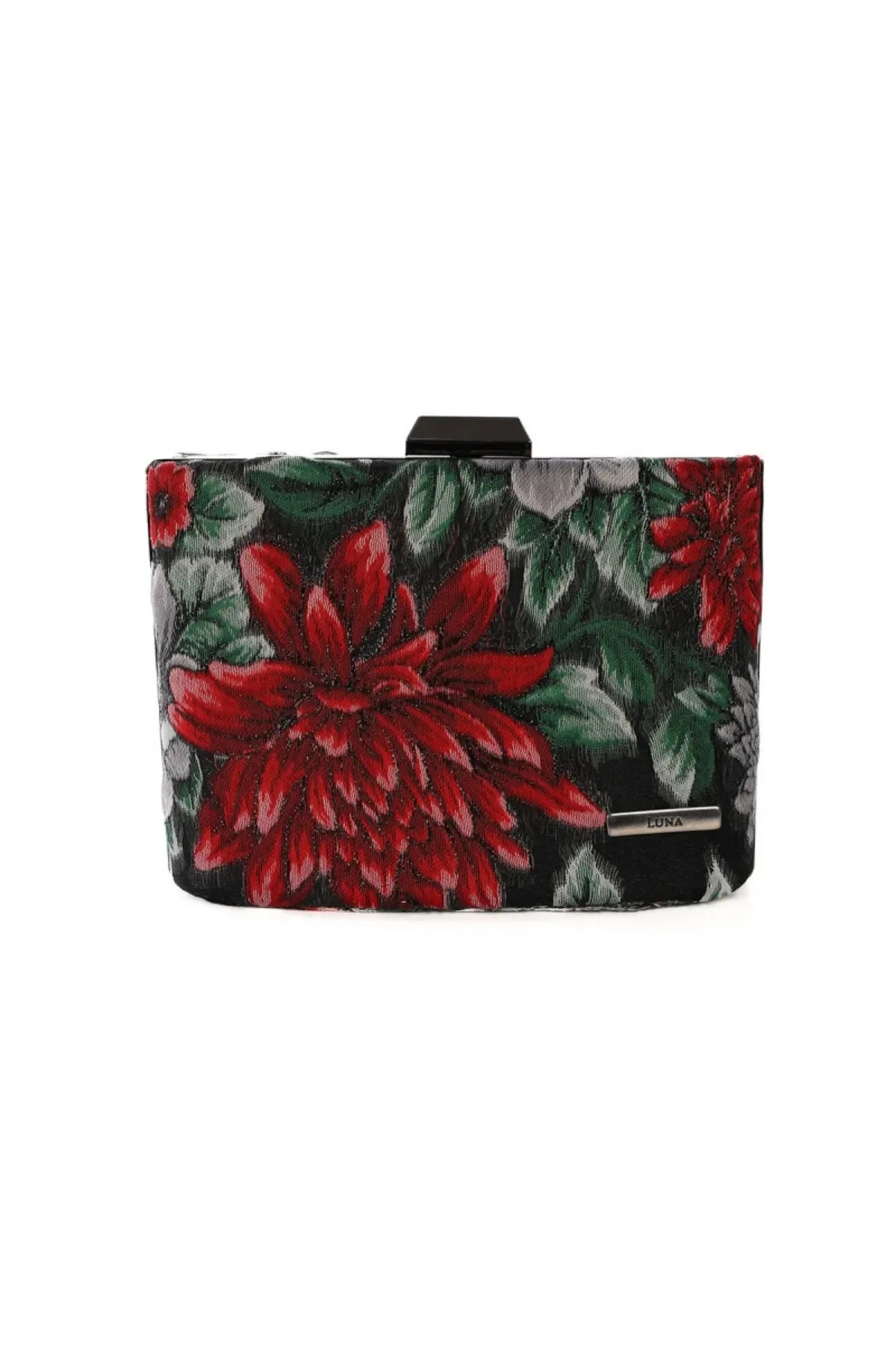 Regina floral clutch in red, green, grey, and black floral fabric shown from the front.