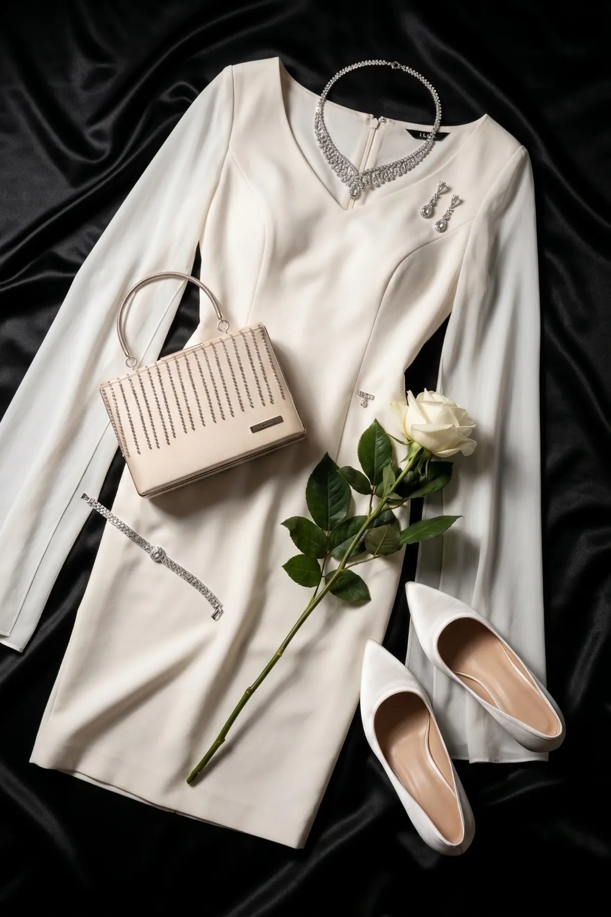 Close detail of Rebeka ivory crepe, V neckline edge, curved seam and sheer cape sleeve