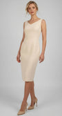 Detail of Rebeka V neckline, soft shoulder line, sheer cape sleeve and fitted bodice