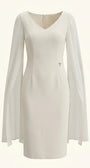 Alternate front view of Rebeka ivory sheath with shaped seams and cape sleeves