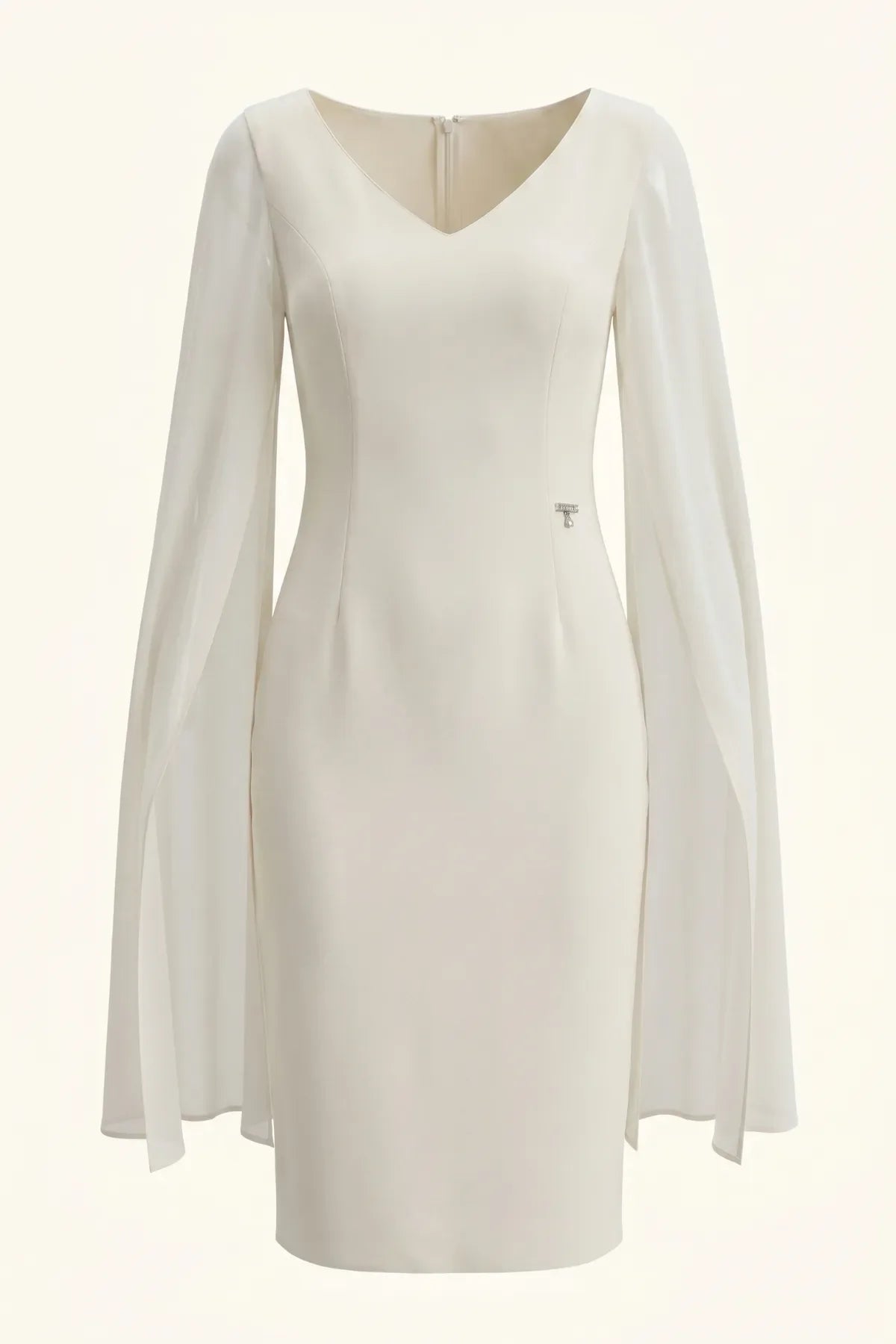 Alternate front view of Rebeka ivory sheath with shaped seams and cape sleeves