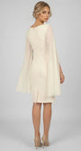 Front view of Rebeka ivory fitted short dress with V neckline and flowing sheer cape sleeves
