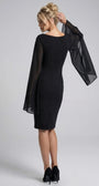Back of the Rebeka black dress with V back, concealed zipper, hem vent and draping sheer cape sleeves