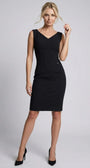 Front view of the Rebeka black sheath worn sleeveless with the cape sleeves removed