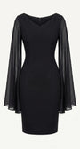 Alternate front view of the Rebeka black fitted sheath with V neckline and sheer cape sleeves