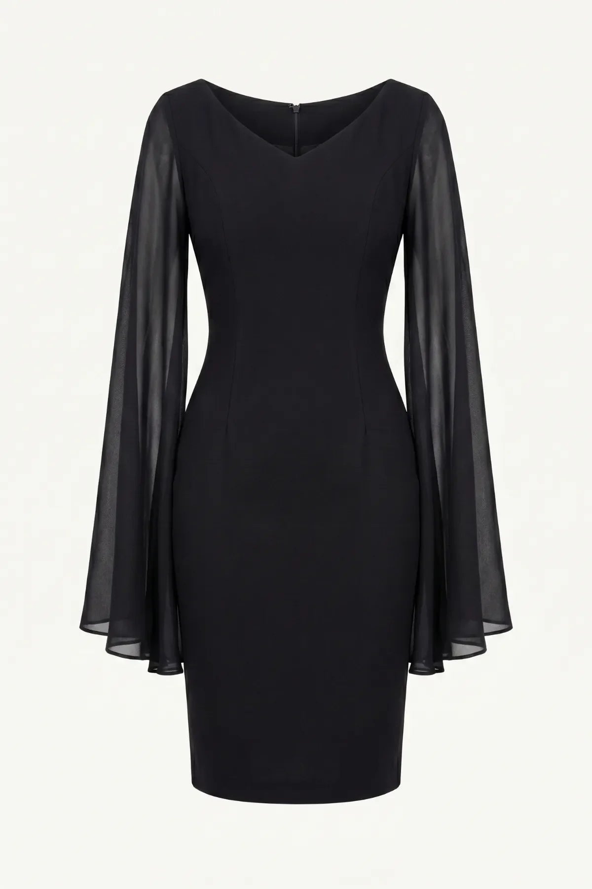 Alternate front view of the Rebeka black fitted sheath with V neckline and sheer cape sleeves