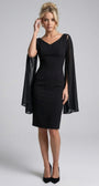 Front view of the Rebeka black fitted short dress with V neckline and flowing sheer cape sleeves
