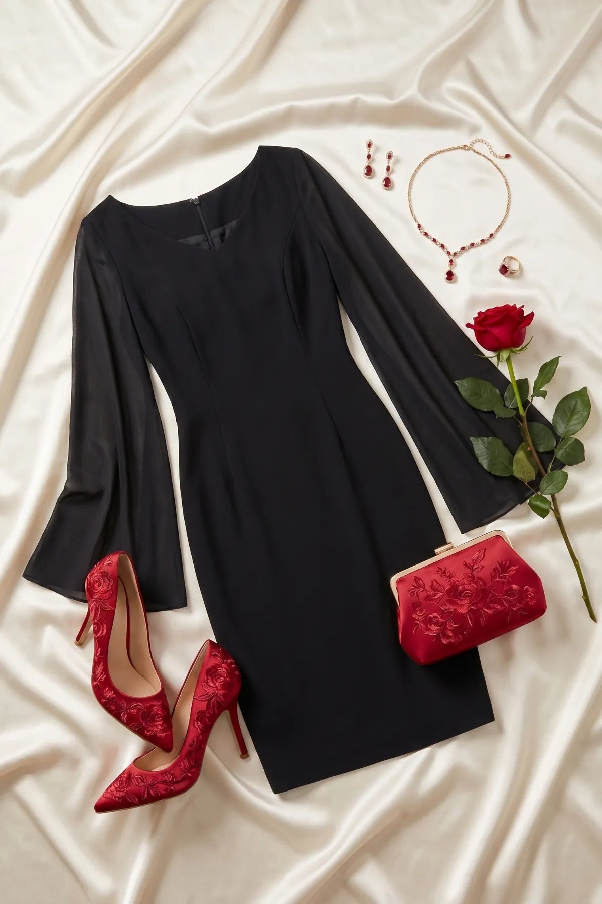 Rebeka black short dress shown alone with a V neckline, fitted sheath line and sheer cape sleeves